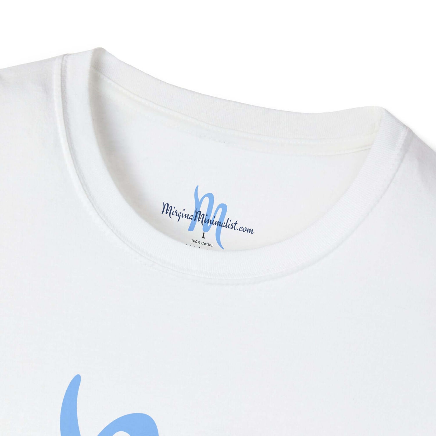 Front view of a grey unisex softstyle t-shirt with a blue "Mirgina Minimalist" logo.