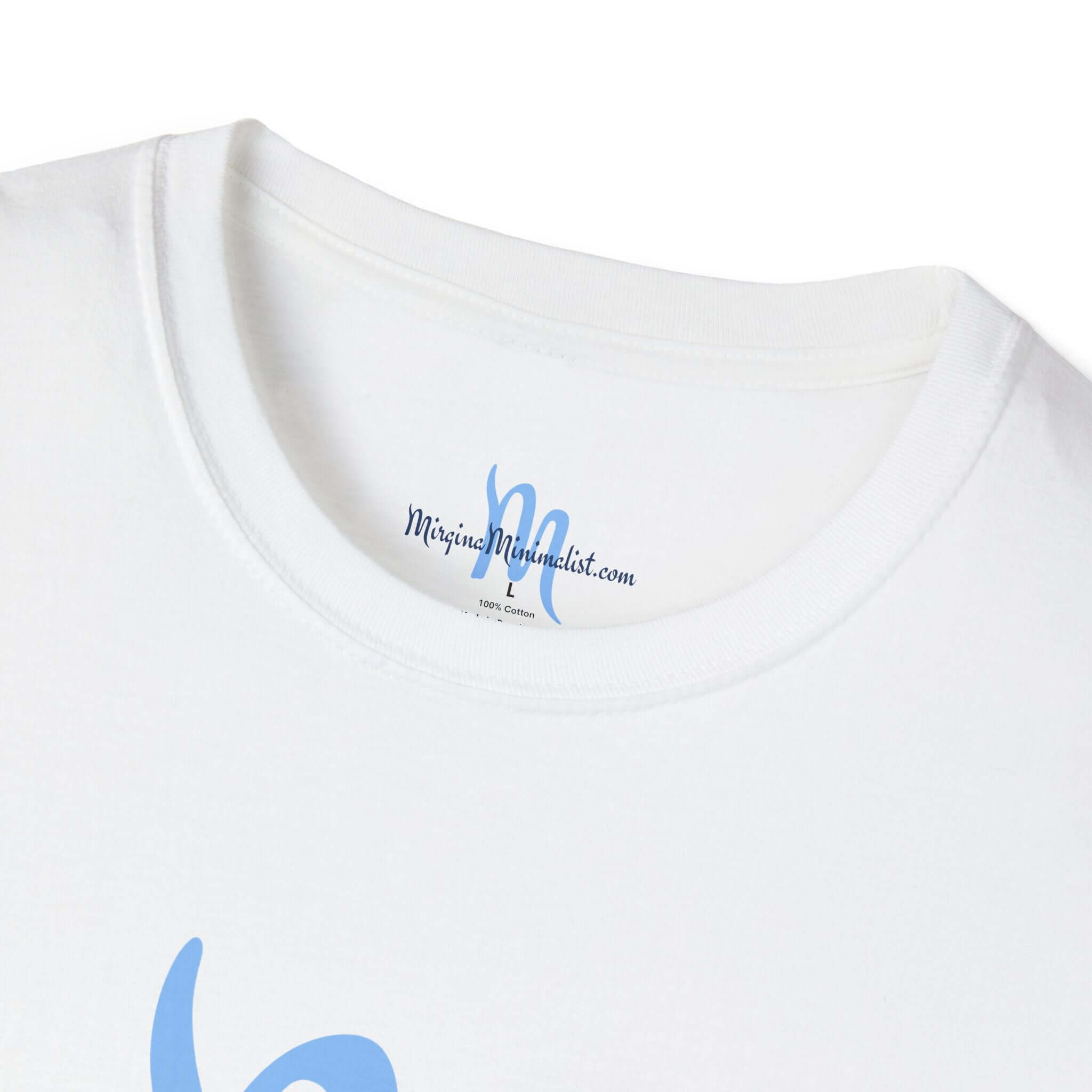 Front view of a grey unisex softstyle t-shirt with a blue "Mirgina Minimalist" logo.