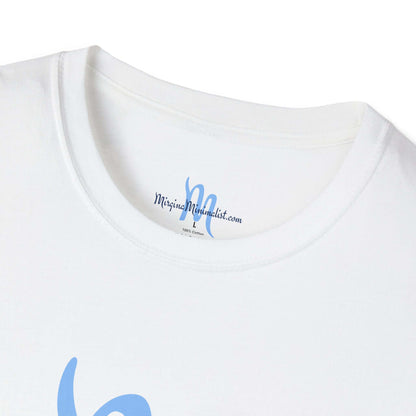 Front view of a grey unisex softstyle t-shirt with a blue "Mirgina Minimalist" logo.