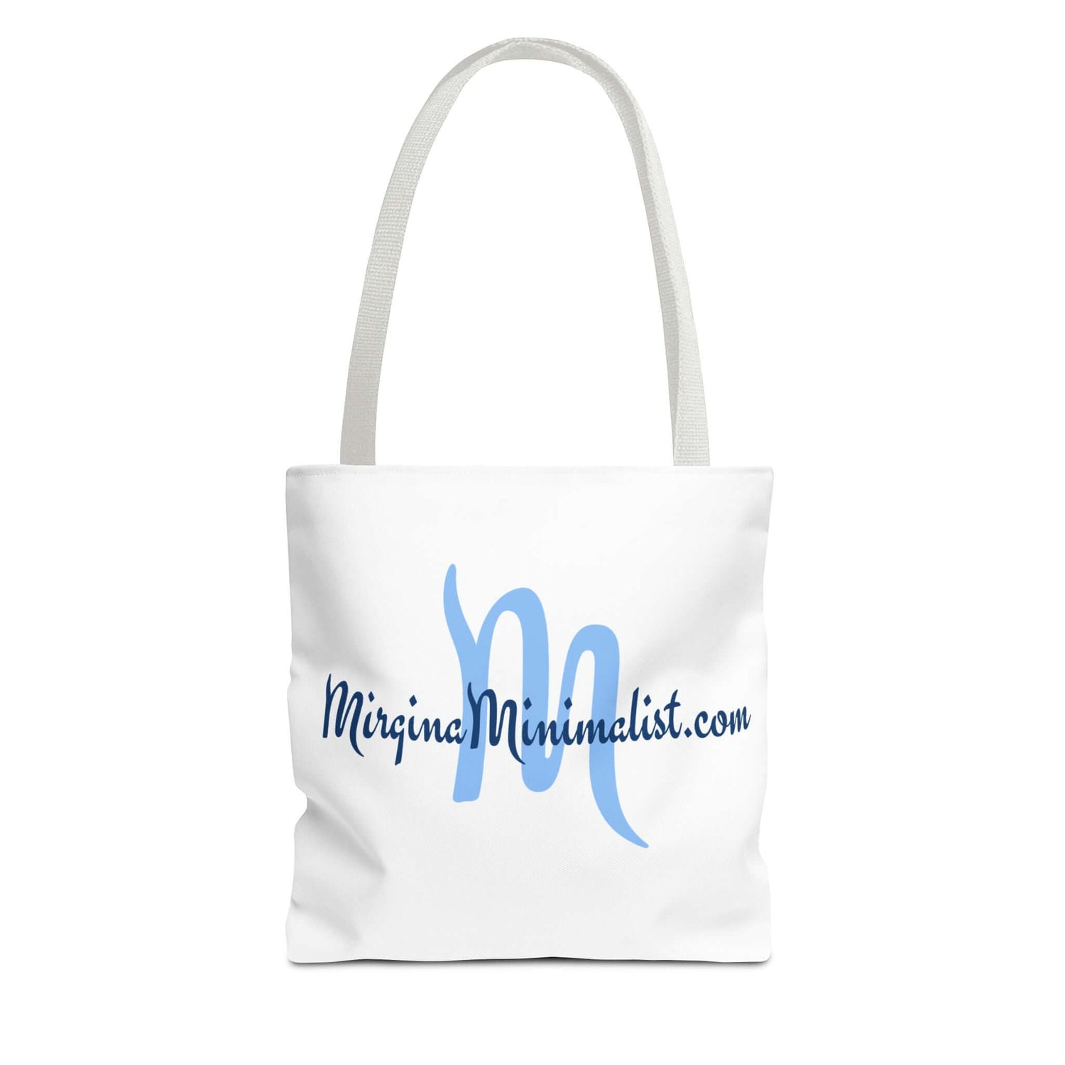 White tote bag with blue text on a white background