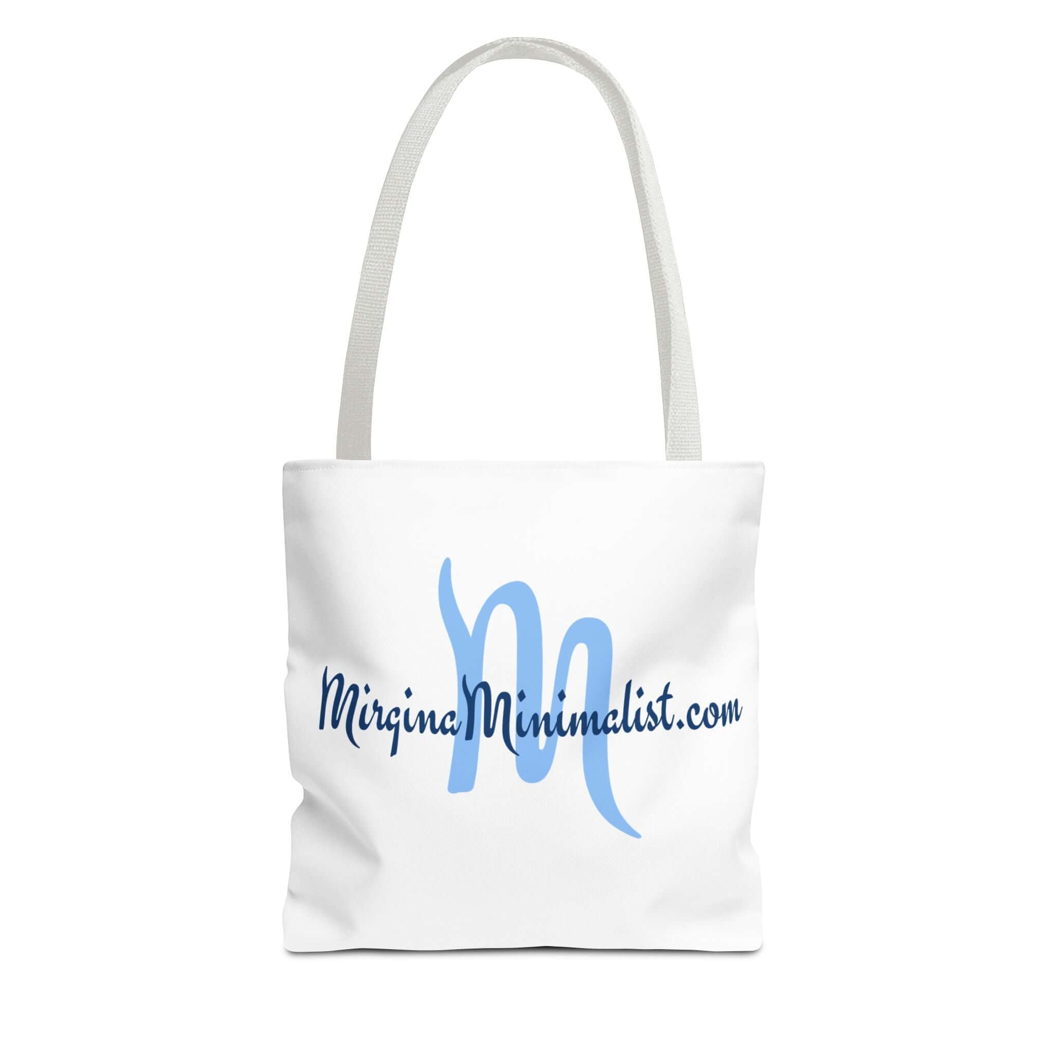 White tote bag with blue text on a white background
