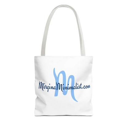 White tote bag with blue text on a white background
