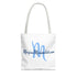 White tote bag with blue text on a white background