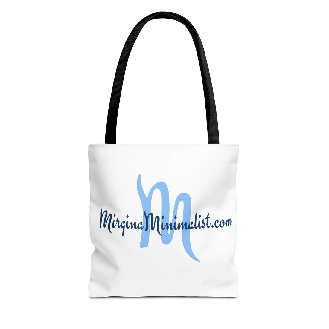 White canvas tote bag featuring "Mirgina Minimalist" elegant blue script logo and black handles.