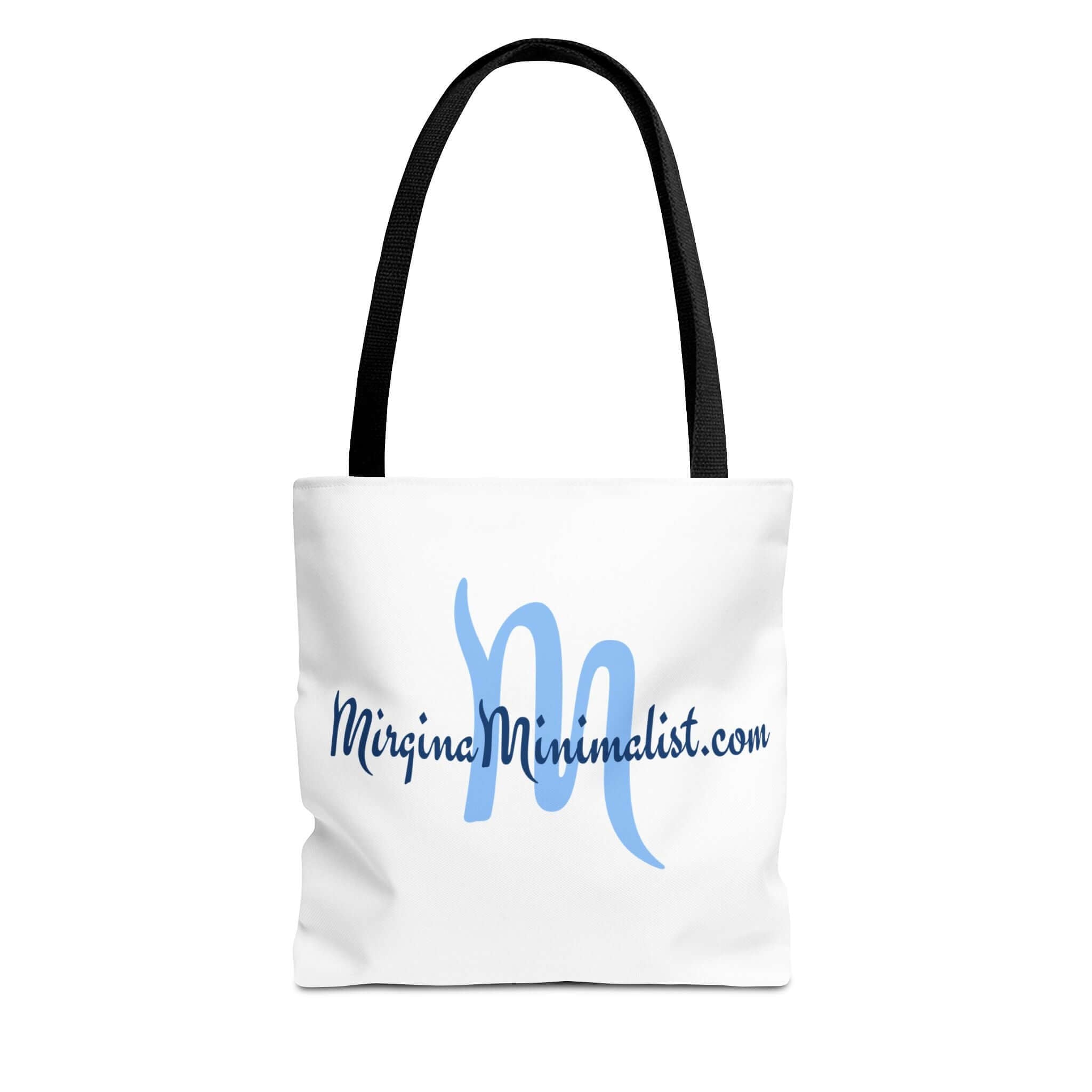 White canvas tote bag featuring "Mirgina Minimalist" elegant blue script logo and black handles.