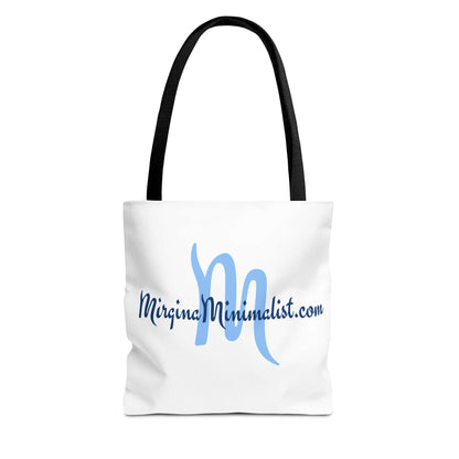 White canvas tote bag featuring "Mirgina Minimalist" elegant blue script logo and black handles.