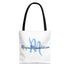 White canvas tote bag featuring "Mirgina Minimalist" elegant blue script logo and black handles.