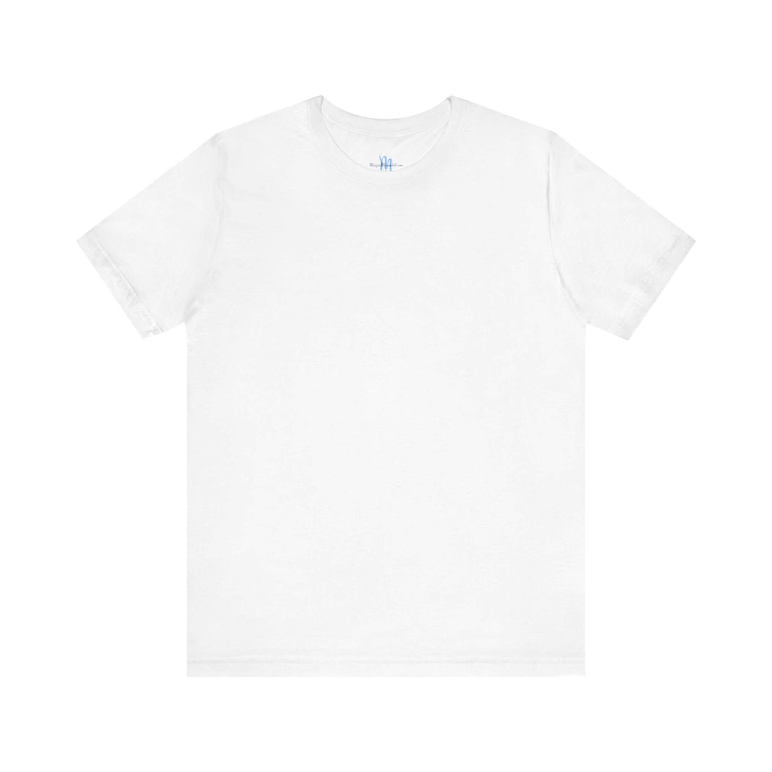 Front view of a white minimalist unisex jersey t-shirt with a small motivational design on the chest.