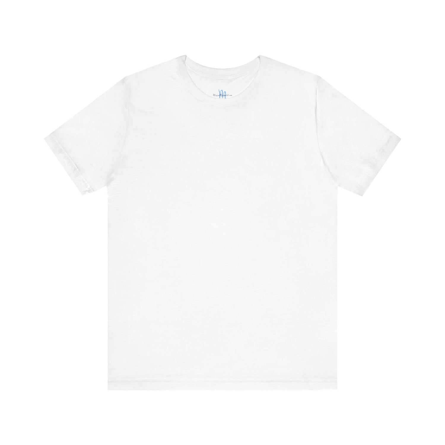 Front view of a white minimalist unisex jersey t-shirt with a small motivational design on the chest.
