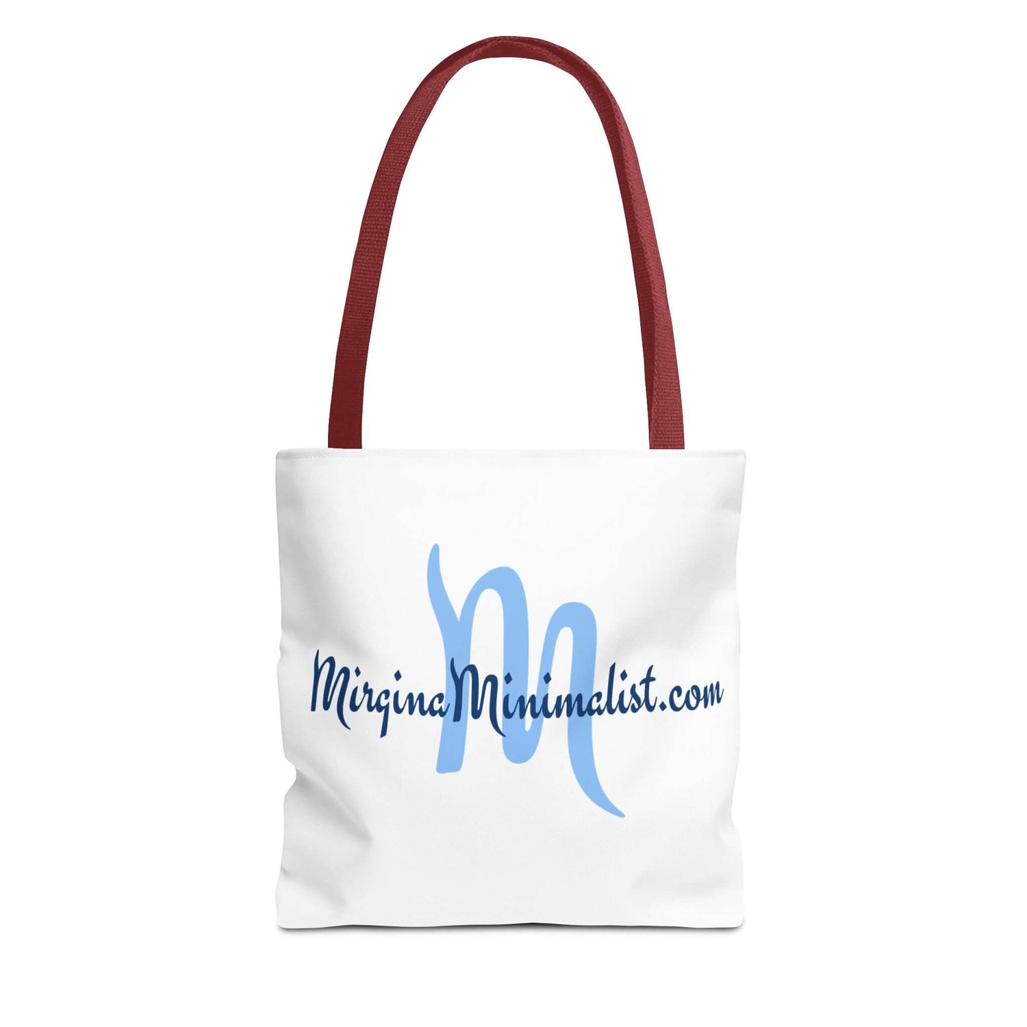 White tote bag with blue text and red handle on a white background