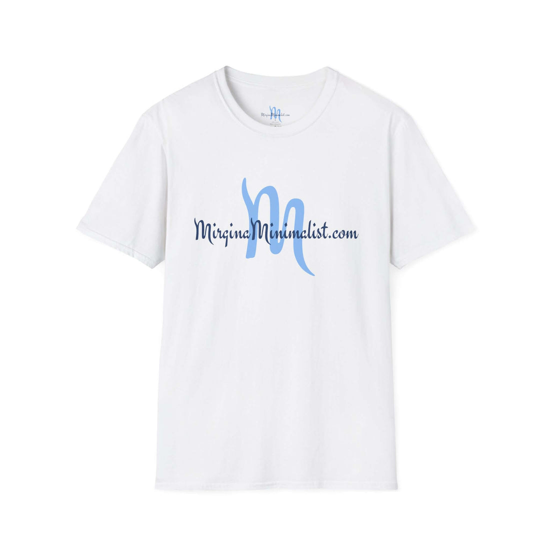 White t-shirt with blue text on a white background