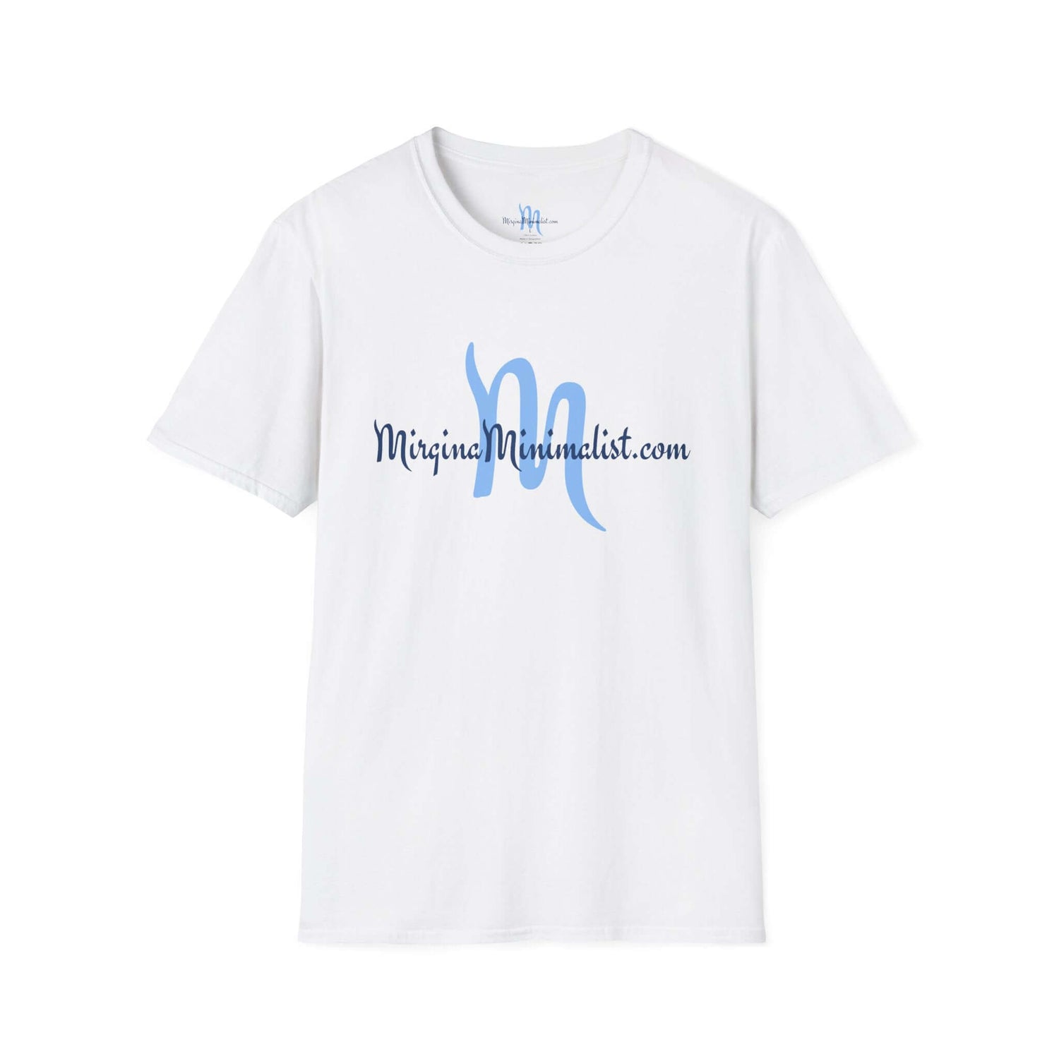 White t-shirt with blue text on a white background