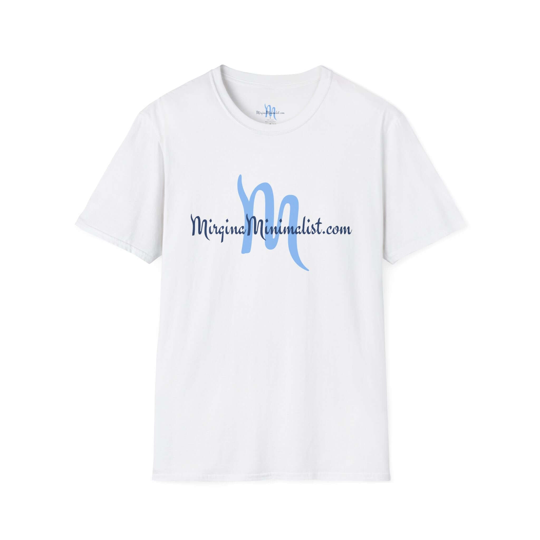 White t-shirt with blue text on a white background
