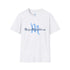 White t-shirt with blue text on a white background